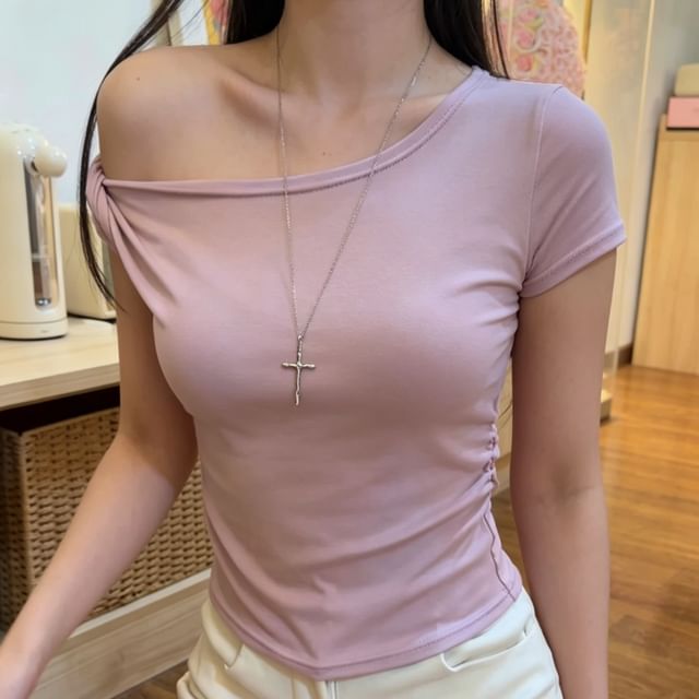 Short-Sleeve Off-Shoulder Asymmetric Ruched Crop Tee