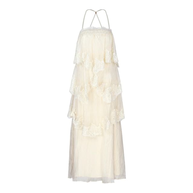 Spaghetti Strap Lace Asymmetrical Maxi A-Line Dress