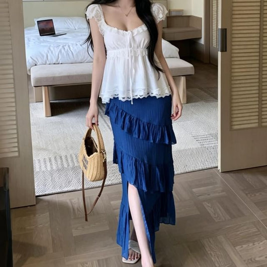 Sleeveless V-Neck Lace Top / Mid Waist Asymmetrical Maxi Skirt