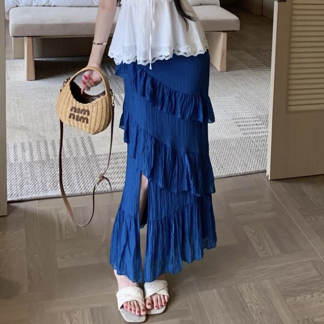 Sleeveless V-Neck Lace Top / Mid Waist Asymmetrical Maxi Skirt
