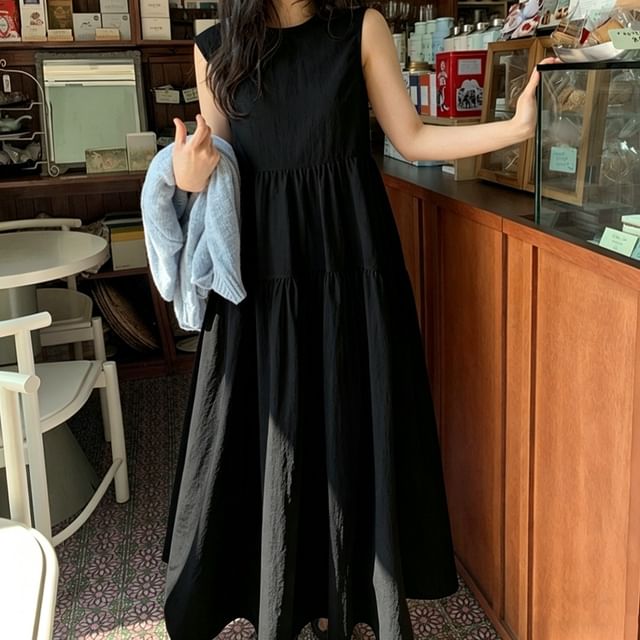 Sleeveless Crew Neck Plain Ruched Maxi A-Line Dress
