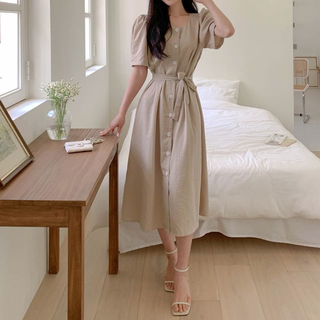 Short-Sleeve Square Neck Plain Button Up Maxi A-Line Dress