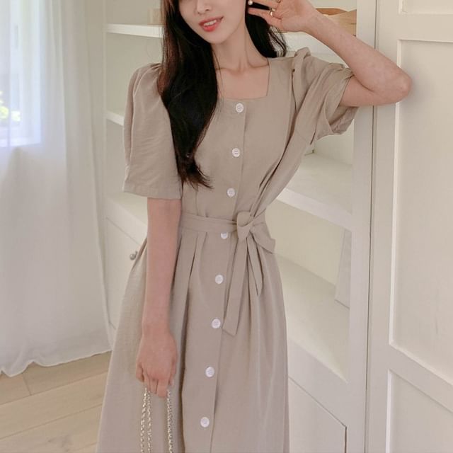 Short-Sleeve Square Neck Plain Button Up Maxi A-Line Dress