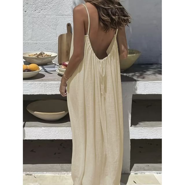 Spaghetti Strap Scoop Neck Plain Maxi A-Line Dress