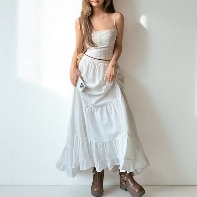 Spaghetti Strap Plain Ruffle Tiered Maxi A-Line Dress