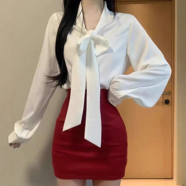 Tie-Neck Long-Sleeve Plain Blouse