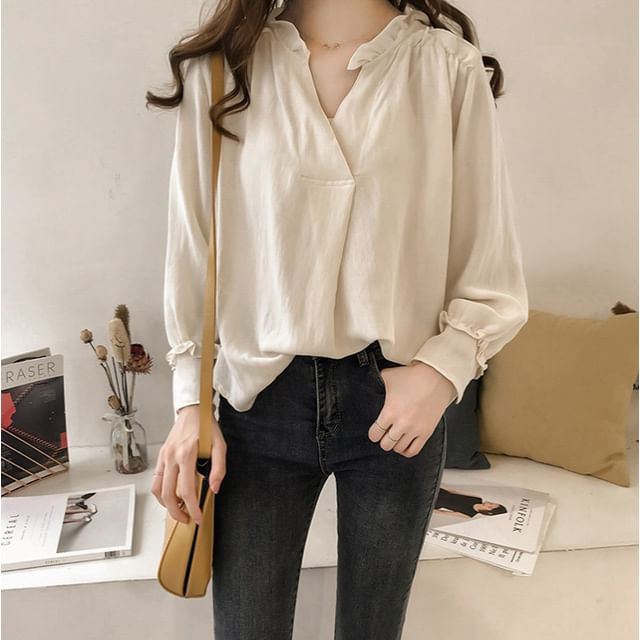 Ruffle V-Neck Long-Sleeve Blouse