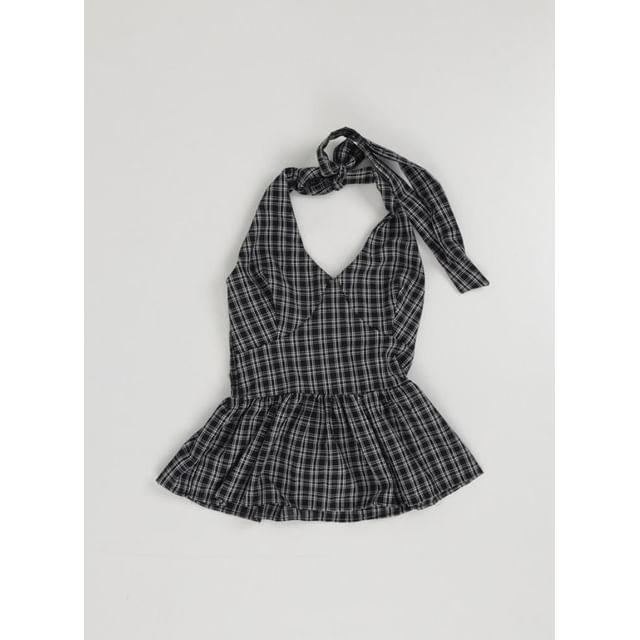 Halter V-Neck Plaid Peplum Top