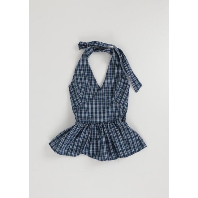Halter V-Neck Plaid Peplum Top