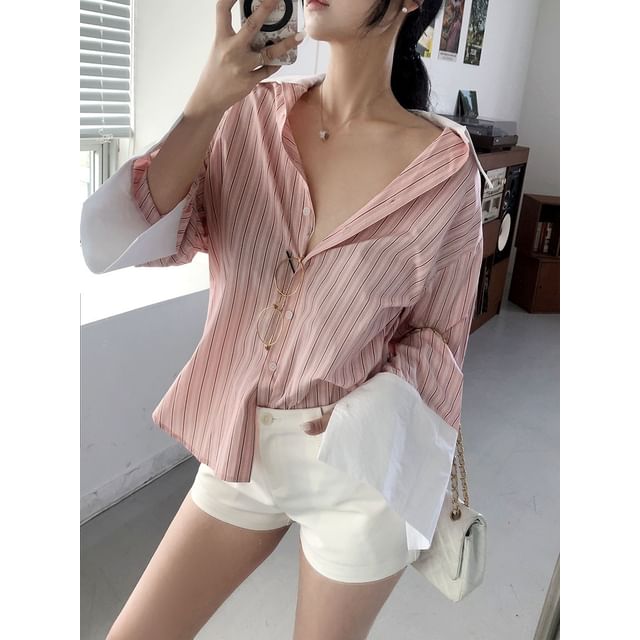 Striped Panel Long-Sleeve Collared Shirt