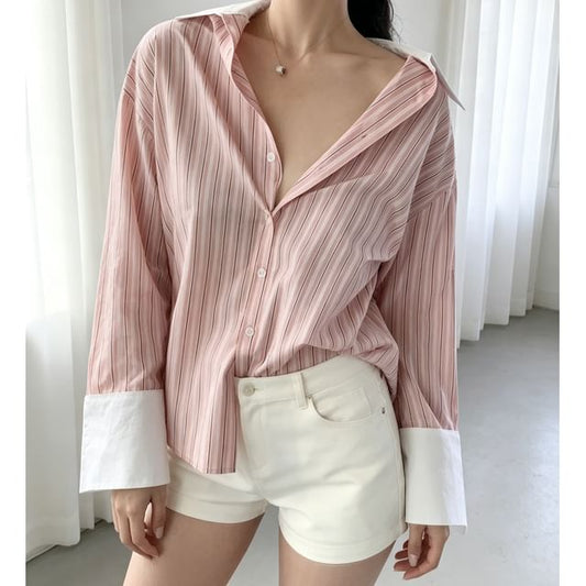 Striped Panel Long-Sleeve Collared Shirt