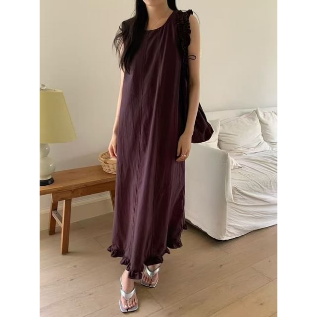 Sleeveless Round Neck Plain Ruffled-Trim Loose-Fit Maxi Dress