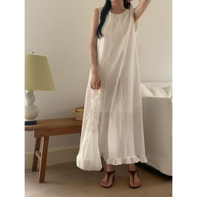 Sleeveless Round Neck Plain Ruffled-Trim Loose-Fit Maxi Dress