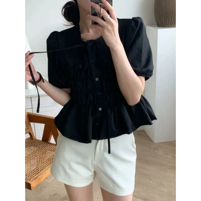 Ruffle Trim Round-Neck Short-Sleeve Blouse