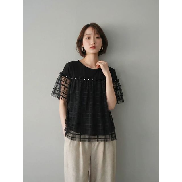 Sheer Panel Plaid Round-Neck Tee
