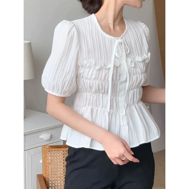 Ruffle Trim Round-Neck Short-Sleeve Blouse