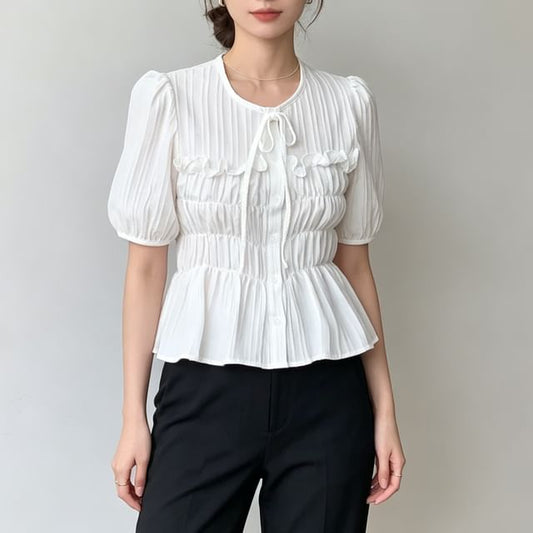Ruffle Trim Round-Neck Short-Sleeve Blouse