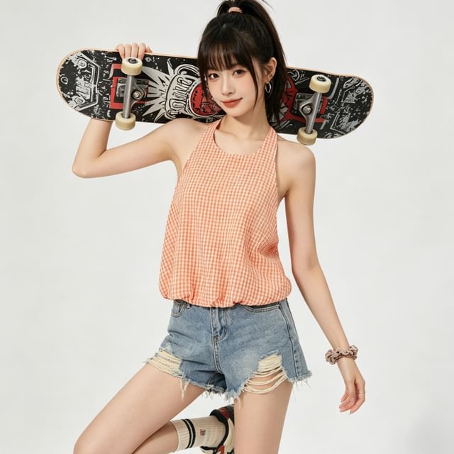 Gingham Plaid Halter Neck Crop Blouse