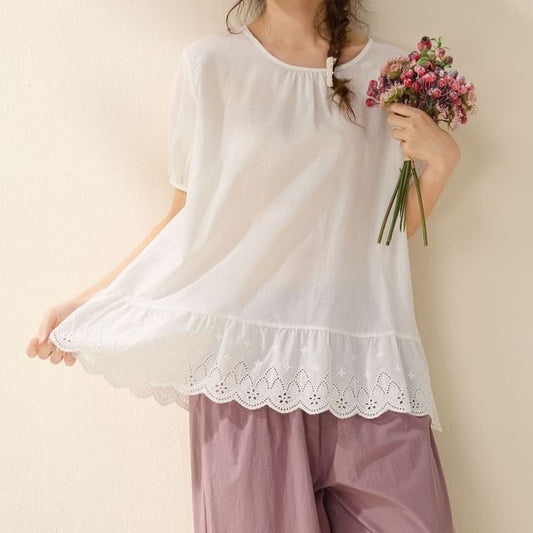 Round Neck Eyelet Trim Blouse with Short Sleeves