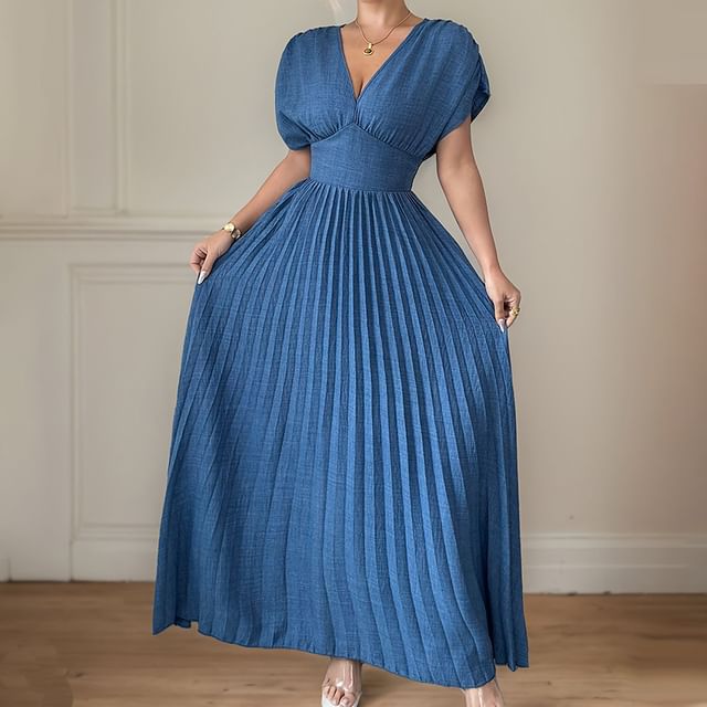 Sleeveless V-Neck Plain Ruched Maxi Pleated A-Line Dress