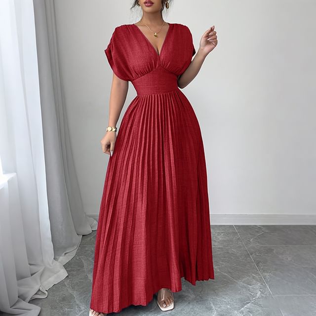 Sleeveless V-Neck Plain Ruched Maxi Pleated A-Line Dress