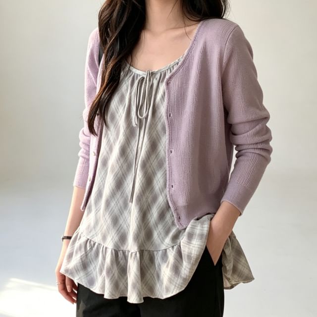 Plaid Scoop Neck Camisole with Ruffle Hem and Front Tie