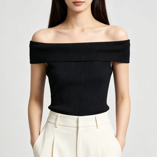Off-Shoulder Ribbed Knit Tee with Short Sleeves