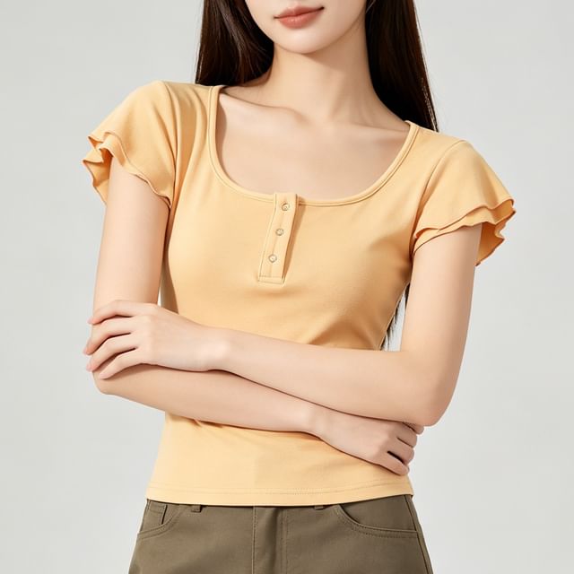 Scoop Neck Plain Henley T-Shirt with Short Sleeves