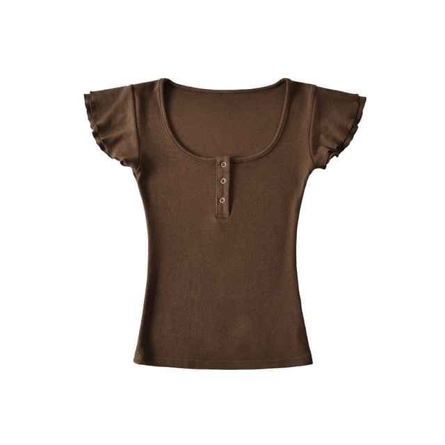 Scoop Neck Plain Henley T-Shirt with Short Sleeves