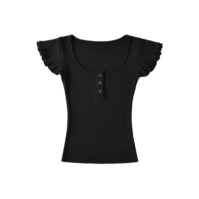 Scoop Neck Plain Henley T-Shirt with Short Sleeves
