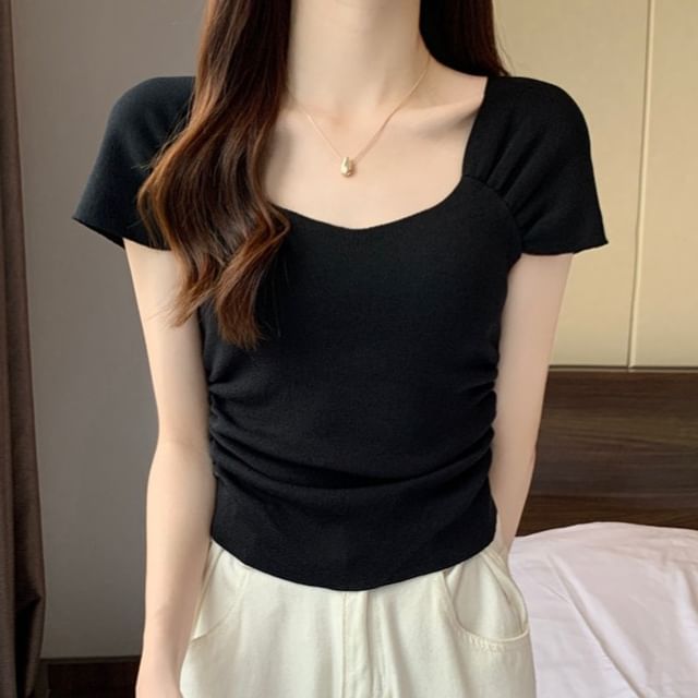 Square Neck Ruched Short Sleeve T-Shirt