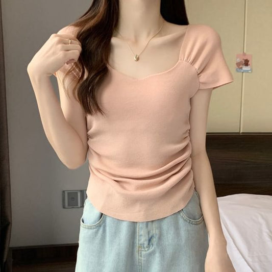 Square Neck Ruched Short Sleeve T-Shirt