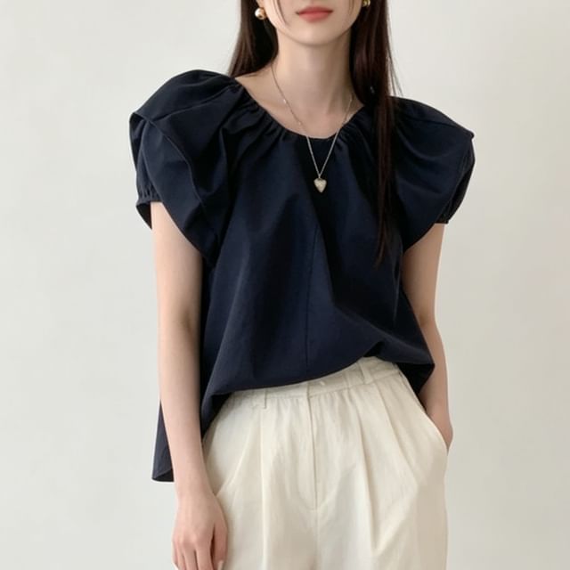 Ruched Scoop Neck Top with Short Sleeves
