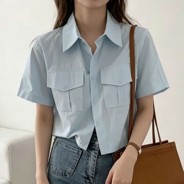 Cropped Collared Shirt with Short Sleeves