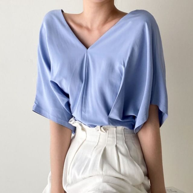 Pleated V-Neck Blouse with Short Sleeves