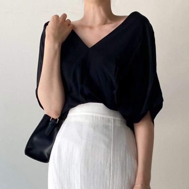 Pleated V-Neck Blouse with Short Sleeves