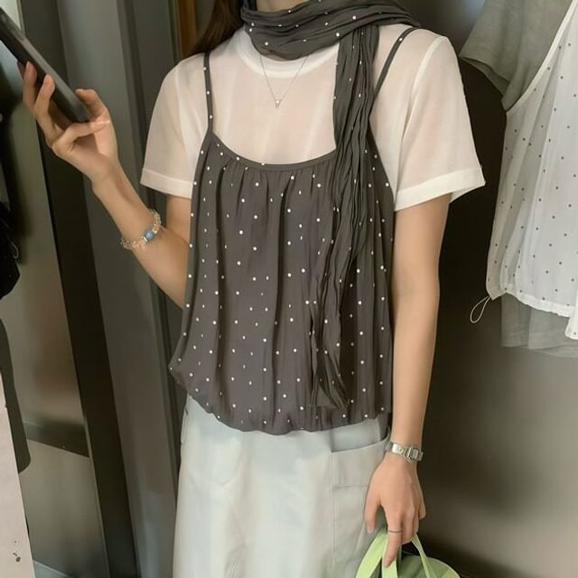 Crew Neck T-Shirt, Camisole & Scarf Set