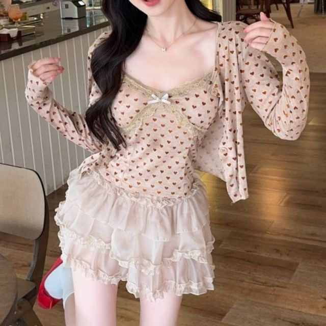 Dotted Camisole, Cardigan & Mini A-Line Skirt Set