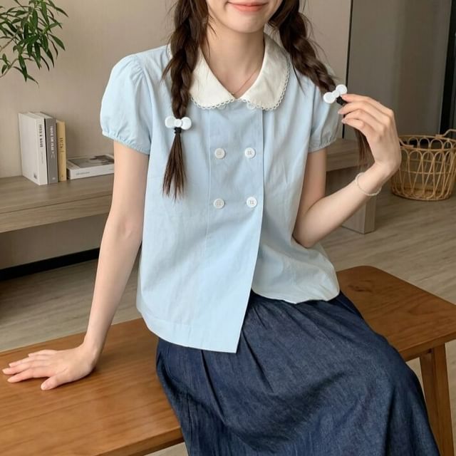 Double-Breasted Collared Blouse with Short Sleeves