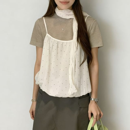 Crew Neck T-Shirt, Camisole & Scarf Set