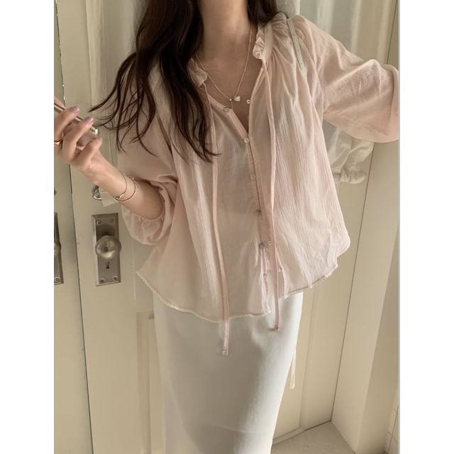 Ruffled Button-Up Blouse with Long Sleeves