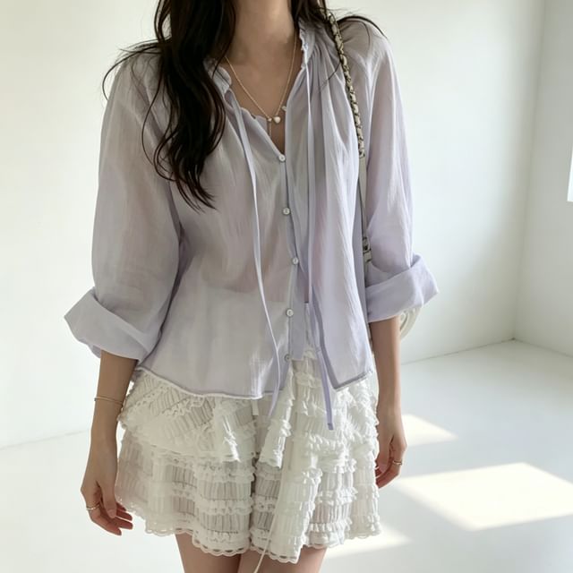 Ruffled Button-Up Blouse with Long Sleeves