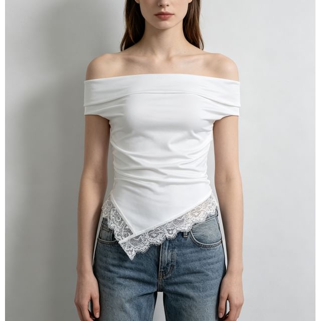 Off Shoulder Plain Lace Panel Asymmetric Hem Slim-Fit Top