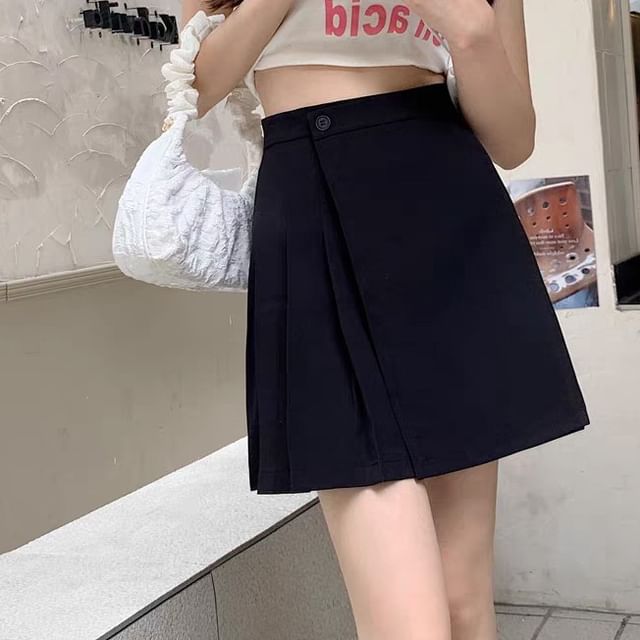 High Waist Plain Asymmetrical Pleated Mini A-Line Skirt