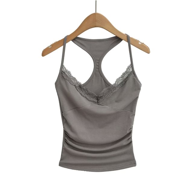 Ruched Racerback Crop Top with Lace Trim