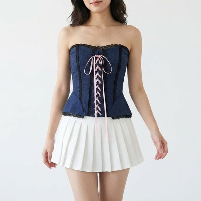 Lace-Up Corset Tube Top with Lace Trim