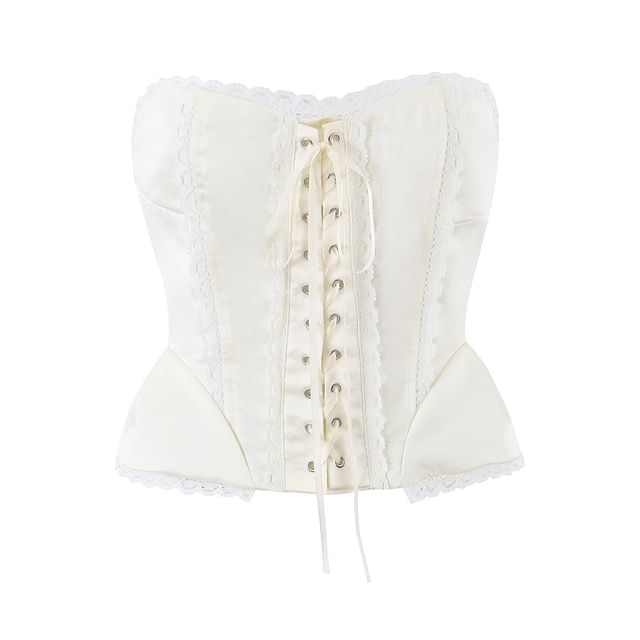 Lace-Up Corset Tube Top with Lace Trim