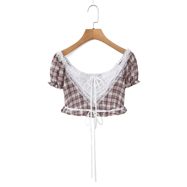 Plaid Lace Panel Crop Top with Puff Sleeves