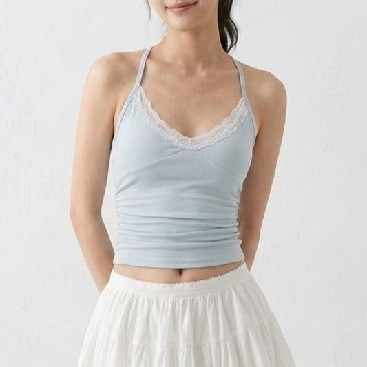 Ruched Racerback Crop Top with Lace Trim