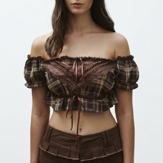 Plaid Lace Panel Crop Top with Puff Sleeves